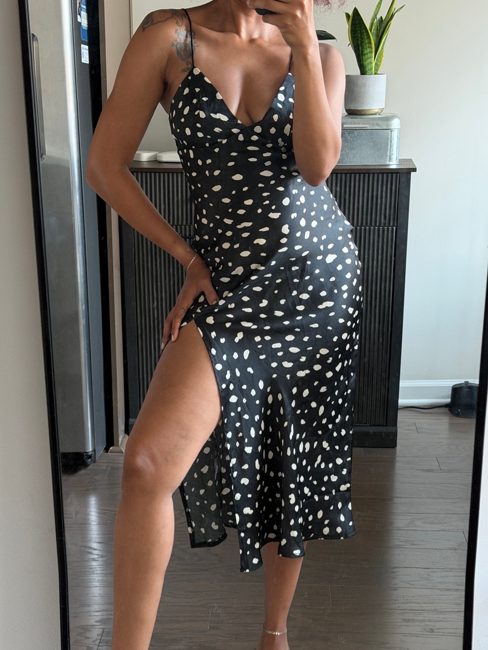 Petal & Pup Black and White Spotted Satin Midi Dress